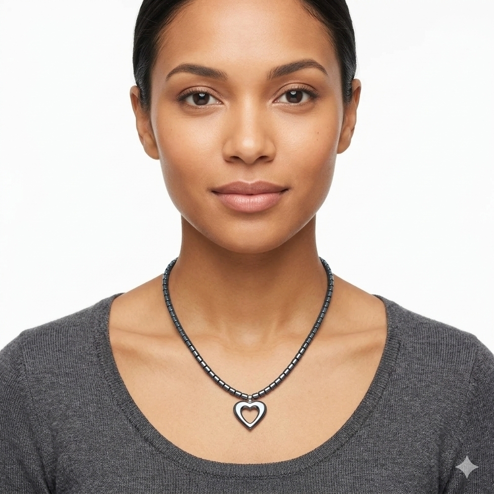 Hematite Beaded Necklace with Open Heart Pendant – 18 Inch Screw Clasp